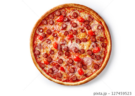 Delicious pizza with sausage, tomato, onion, and melted cheese on white background Delicious pizza with sausage, tomato, onion, and melted cheese on white background 127459523