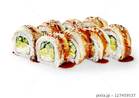 Delicious sushi rolls with eel, avocado, cucumber, cream cheese, sesame and unagi sauce on white background Delicious sushi rolls with eel, avocado, cucumber, cream cheese, sesame and unagi sauce on white background 127459537