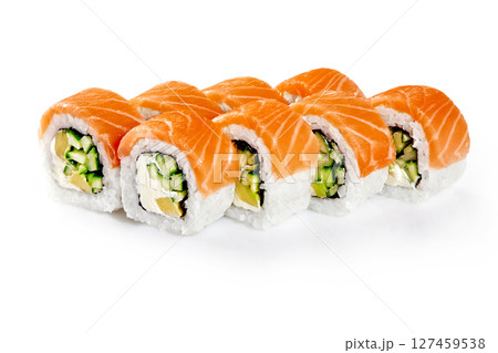 Philadelphia uramaki sushi rolls with salmon, cream cheese, cucumber and avocado filling on white background Philadelphia uramaki sushi rolls with salmon, cream cheese, cucumber and avocado filling on white background 127459538