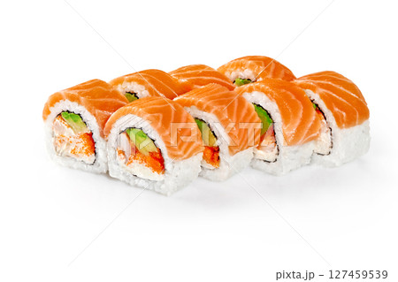 Philadelphia uramaki sushi rolls with salmon, avocado, cream cheese and masago showing ingredients on white background Philadelphia uramaki sushi rolls with salmon, avocado, cream cheese and masago showing ingredients on white background 127459539