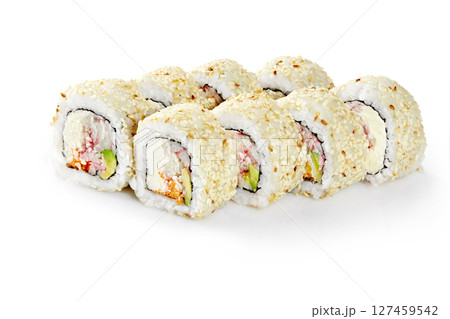 California uramaki sushi rolls with sesame seeds showing filling ingredients on white background California uramaki sushi rolls with sesame seeds showing filling ingredients on white background 127459542