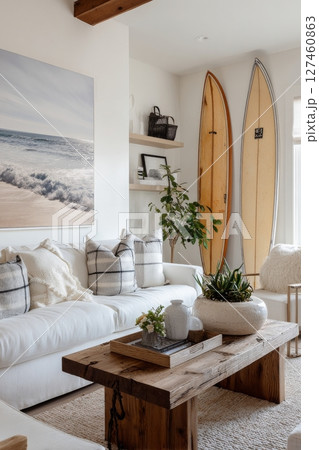 Coastal Living Room Design With Surfboards and Beach-Inspired Decor in a Bright Space 127460863