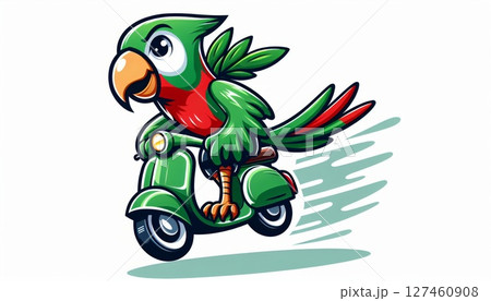 Happy Parrot Riding Green Scooter Illustration Happy Parrot Riding Green Scooter Illustration 127460908