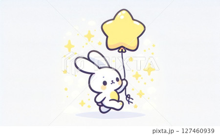 Cute White Bunny Holding a Yellow Star Balloon 127460939