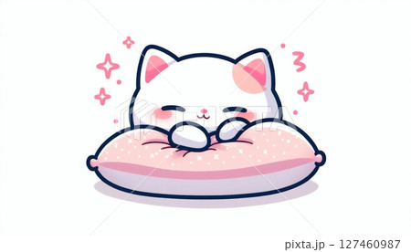 Cute White Kitten Sleeping on Pink Pillow 127460987