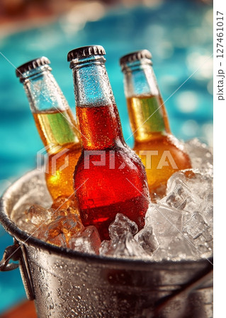 Refreshing Drinks in Ice Bucket at a Sunny Poolside Gathering During Summer Afternoon Refreshing Drinks in Ice Bucket at a Sunny Poolside Gathering During Summer Afternoon 127461017