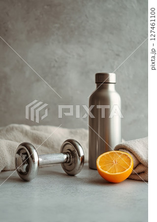 Workout Essentials With Dumbbell, Water Bottle, and Orange on Gray Surface 127461100