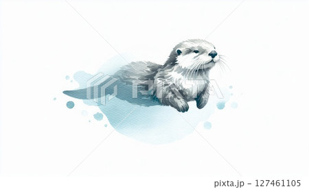 Adorable Gray Sea Otter Watercolor Illustration 127461105