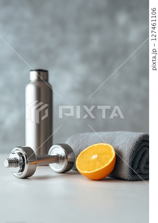 Fitness Essentials With Dumbbell, Water Bottle, Towel, and Orange on a Gray Background. 127461106
