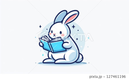 Cute White Rabbit Reading a Blue Book 127461196