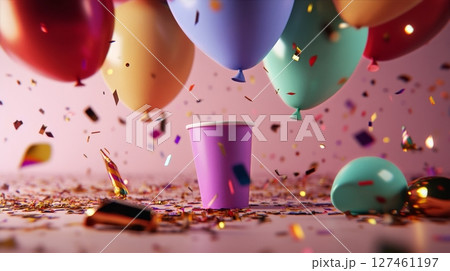 Colorful Balloons and Confetti Surround a Purple Cup in a Festive Atmosphere for a Celebration Event 127461197