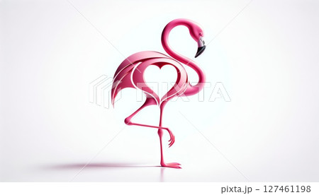 Pink Flamingo with Heart Shaped Body on White Background 127461198