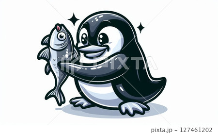 Cute Pixel Art Penguin Holding Fish 127461202