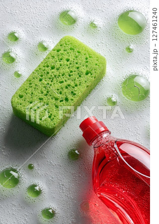 Cleaning Supplies Arranged With a Green Sponge and Soap Bubbles in a Bright Kitchen Setting. 127461240