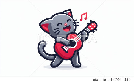 Happy Grey Cat Singing and Playing Red Guitar Pixel Art Illustration Happy Grey Cat Singing and Playing Red Guitar Pixel Art Illustration 127461330