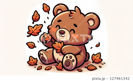 Cute Brown Bear Playing with Autumn Leaves 127461342