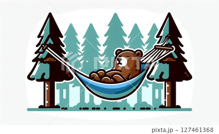 Brown Bear Relaxing in Blue Hammock in Pixel Art Forest Brown Bear Relaxing in Blue Hammock in Pixel Art Forest 127461368