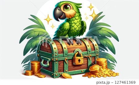 Green Parrot Perched on a Wooden Treasure Chest Green Parrot Perched on a Wooden Treasure Chest 127461369