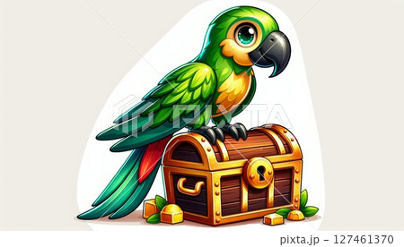 Green Macaw Perched on Wooden Treasure Chest Green Macaw Perched on Wooden Treasure Chest 127461370