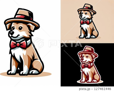 Cute Cartoon Dog Wearing Hat and Bowtie 127461446