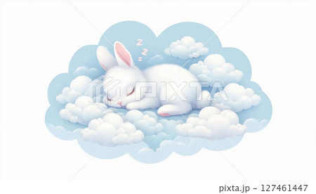 White Fluffy Bunny Sleeping on Clouds Peaceful Dreamy Illustration 127461447