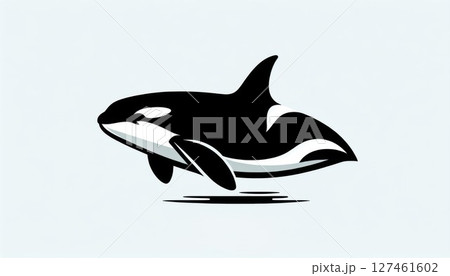 Black And White Pixel Art Orca Swimming In Light Blue Water 127461602