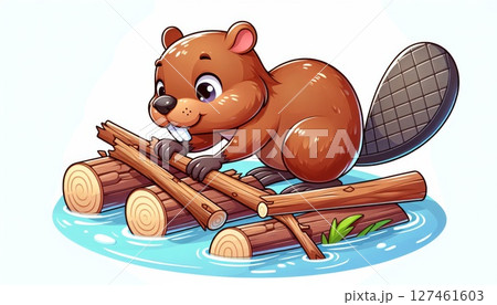 Cute Brown Beaver Building a Raft of Logs in Water 127461603