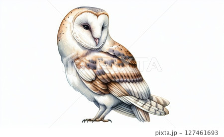 Brown and White Barn Owl Illustration on White Background 127461693