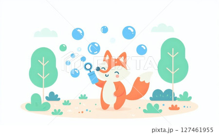 Cute Cartoon Fox Blowing Bubbles in a Park Cute Cartoon Fox Blowing Bubbles in a Park 127461955