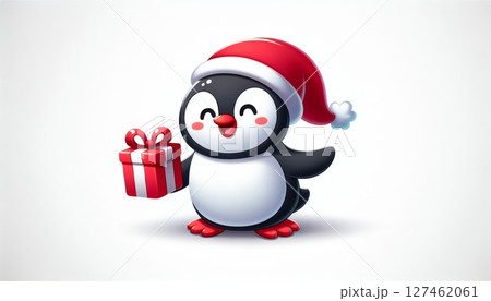 Cute Cartoon Penguin in Santa Hat Holding Gift 127462061