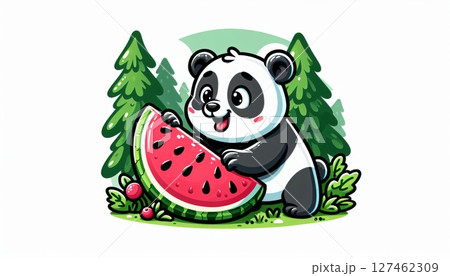 Cute Panda Enjoying Watermelon in Summer Setting 127462309
