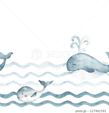 Marine Seamless border pattern with blue Whales family swimming in Ocean waves. Hand drawn illustration for kids wallpaper or nautical designs. Marine Seamless border pattern with blue Whales family swimming in Ocean waves. Hand drawn illustration for kids wallpaper or nautical designs. 127462591