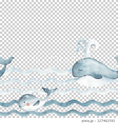 Marine Seamless border pattern with blue Whales family swimming in Ocean waves. Hand drawn illustration for kids wallpaper or nautical designs. Marine Seamless border pattern with blue Whales family swimming in Ocean waves. Hand drawn illustration for kids wallpaper or nautical designs. 127462591