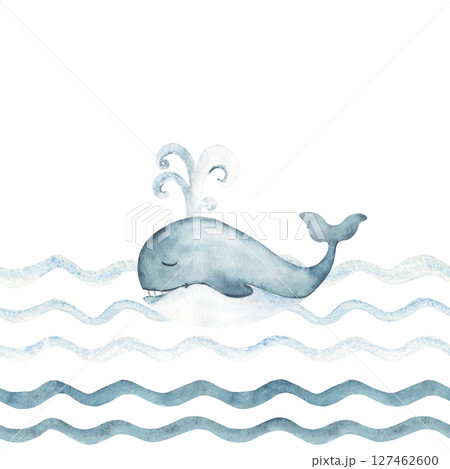 Marine Seamless border with Cute smiling blue Whale with a fountain swimming in Ocean waves. Hand drawn illustration for kids wallpaper or nautical designs. 127462600