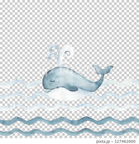 Marine Seamless border with Cute smiling blue Whale with a fountain swimming in Ocean waves. Hand drawn illustration for kids wallpaper or nautical designs. 127462600