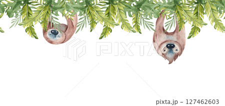 Cute Sloths hanging upside down in Tropical leaves. Wild Animal Seamless Border. Watercolor hand drawn illustrations. For kids wallpaper design. Cute Sloths hanging upside down in Tropical leaves. Wild Animal Seamless Border. Watercolor hand drawn illustrations. For kids wallpaper design. 127462603