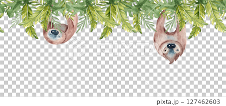 Cute Sloths hanging upside down in Tropical leaves. Wild Animal Seamless Border. Watercolor hand drawn illustrations. For kids wallpaper design. Cute Sloths hanging upside down in Tropical leaves. Wild Animal Seamless Border. Watercolor hand drawn illustrations. For kids wallpaper design. 127462603