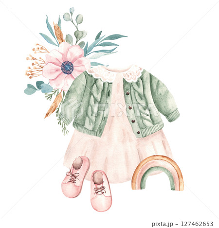 Baby Girl Clothes composition in vintage style. Dress and Cardigan, pink Booties, Rainbow wooden toy and floral bouquet. Watercolor hand painted illustration isolated on a white background. For baby Baby Girl Clothes composition in vintage style. Dress and Cardigan, pink Booties, Rainbow wooden toy and floral bouquet. Watercolor hand painted illustration isolated on a white background. For baby 127462653