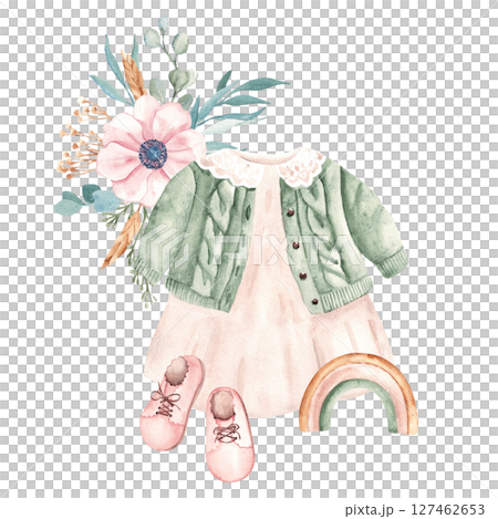 Baby Girl Clothes composition in vintage style. Dress and Cardigan, pink Booties, Rainbow wooden toy and floral bouquet. Watercolor hand painted illustration isolated on a white background. For baby 127462653