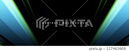 Black modern wide banner with blue and green diagonal shapes. Dark geometric abstract background. 127462669