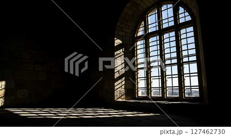 Window with sunlight streaming in. Ancient arch window framing light rays inside a dark stone room. Bright day light through gothic window.	 127462730