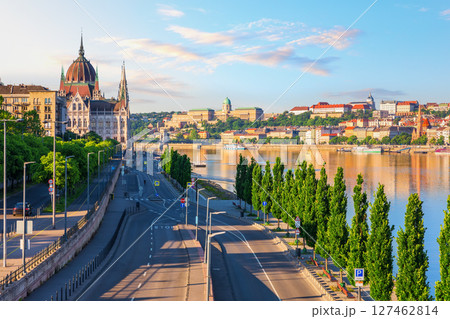 Budapest street along the Danube River with Parliament and Buda Castle skyline, Hungary Budapest street along the Danube River with Parliament and Buda Castle skyline, Hungary 127462814