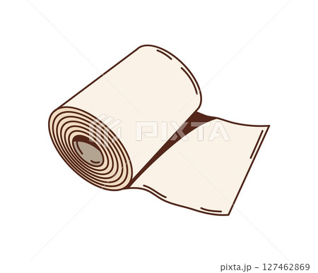 Cartoon groovy medicine rolled bandage with a retro hippie y2k vibe. Vector white gauze fabric, functional healthcare tool for wellness and first aid. Sterile medical soft cotton elastic bandage roll 127462869