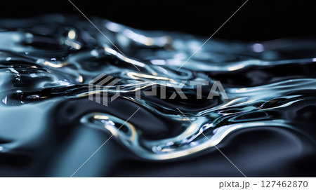 Dark water surface creating smooth, fluid and organic waves, resembling a metallic liquid 127462870