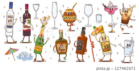 Retro hippie groovy drink and beverage characters with happy bottles and glasses vector personages. Psychedelic groovy vodka, wine, whiskey and rum drinks, funny water, bubble coffee and cocktail 127462871