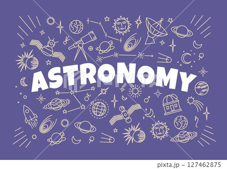 Astronomy symbols and icons on school board, vector education. Space planets, Moon and Sun star, telescope and orbit satellite sketch chalk signs, universe galaxy solar system 127462875