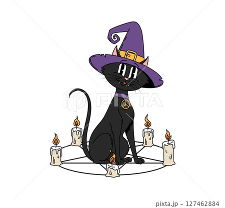 Cartoon Halloween black cat groovy character wearing witch hat surrounded by burning candles, sitting inside of circle with pentagram. Vector holiday, whimsical feline animal exudes spooky retro vibes 127462884