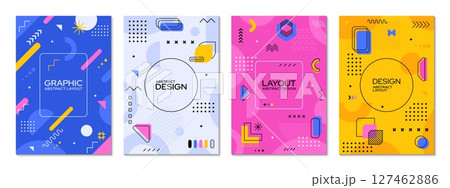Modern Memphis posters, cover backgrounds with abstract geometric shapes. Vector playful cards or story post templates, feature vibrant colors, simple patterns in retro modern style of the 1980s 127462886