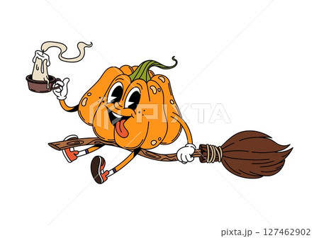 Cartoon groovy pumpkin Halloween character riding a witch broomstick, holding melting candle in one hand. Isolated vector playful y2k retro gourd personage has a mischievous grin and vintage sneakers 127462902