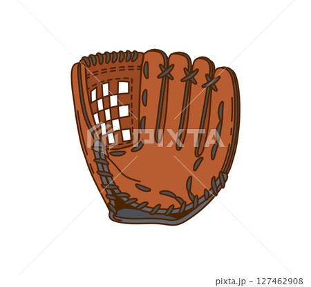 Cartoon groovy retro baseball glove. Vector leather mitt, vintage sports equipment with Y2K aesthetic with detailed stitching, emphasizing sporty vibes. Classic sports gear for catching balls on field 127462908